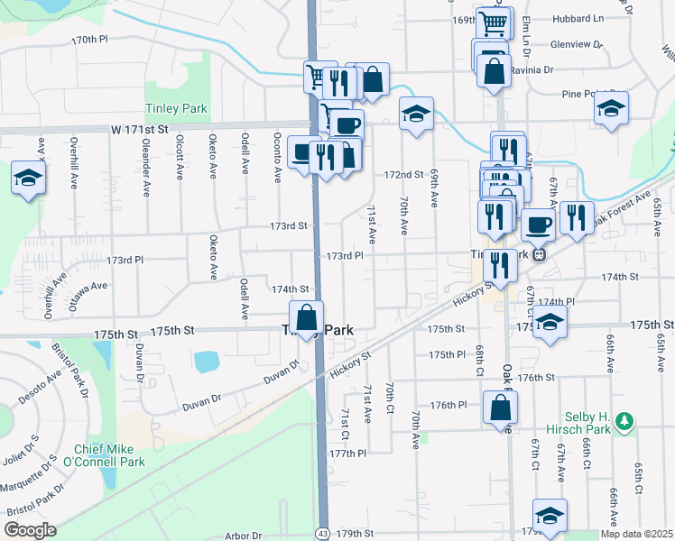 map of restaurants, bars, coffee shops, grocery stores, and more near 17358 71st Court in Tinley Park