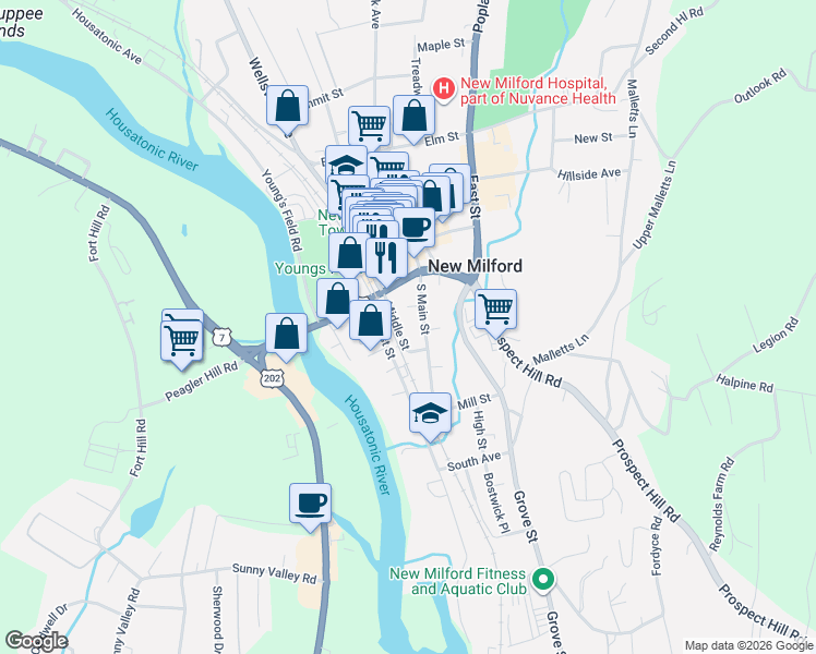 map of restaurants, bars, coffee shops, grocery stores, and more near 15 Middle Street in New Milford