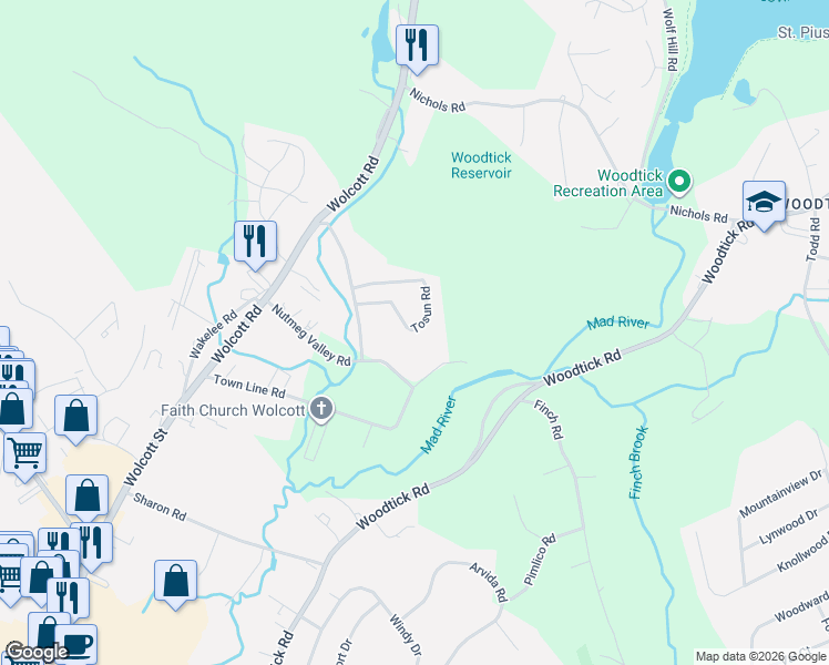 map of restaurants, bars, coffee shops, grocery stores, and more near 99 Tosun Road in Wolcott