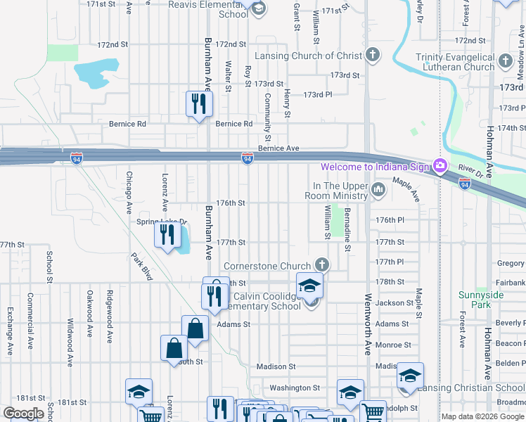 map of restaurants, bars, coffee shops, grocery stores, and more near 17603 Community Street in Lansing