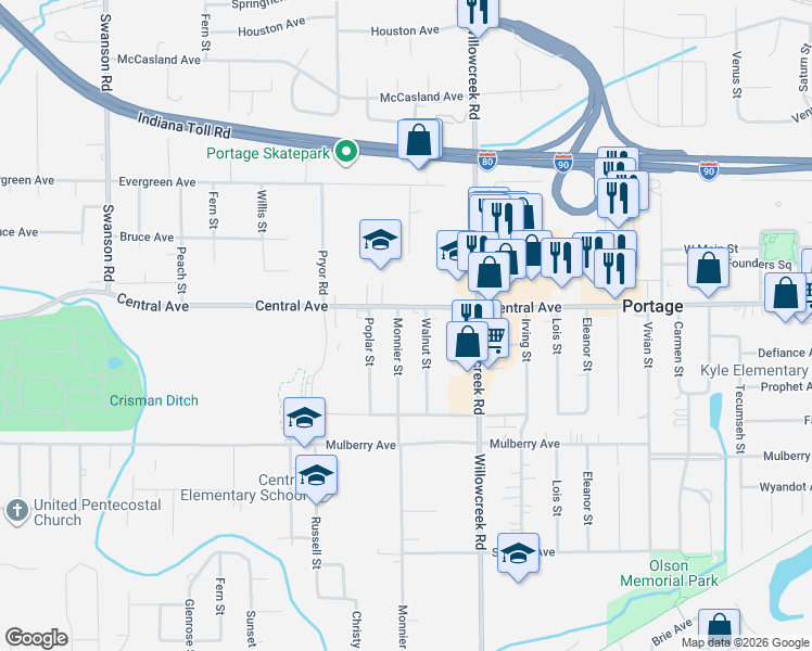 map of restaurants, bars, coffee shops, grocery stores, and more near 2601-2725 Monnier St in Portage