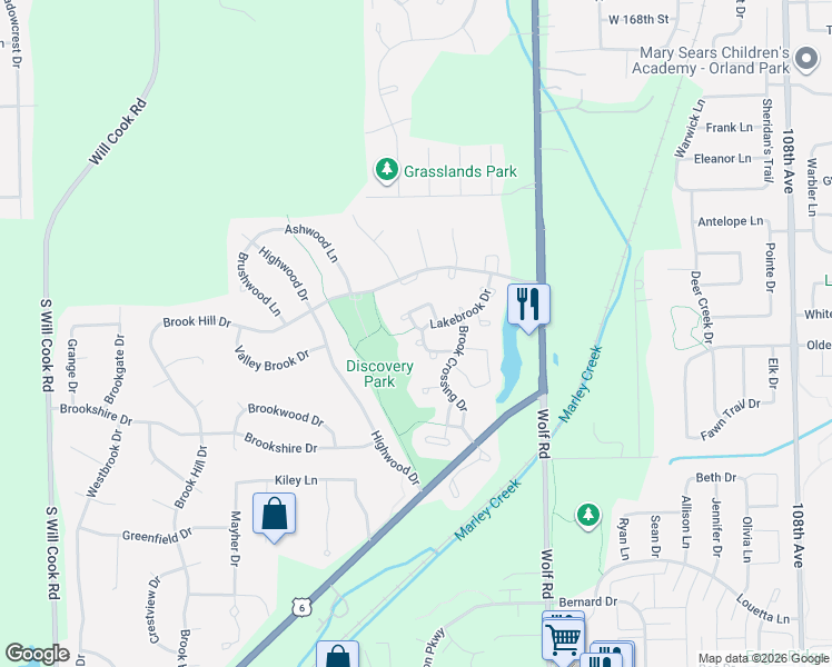 map of restaurants, bars, coffee shops, grocery stores, and more near 16257 Lakebrook Drive in Orland Park