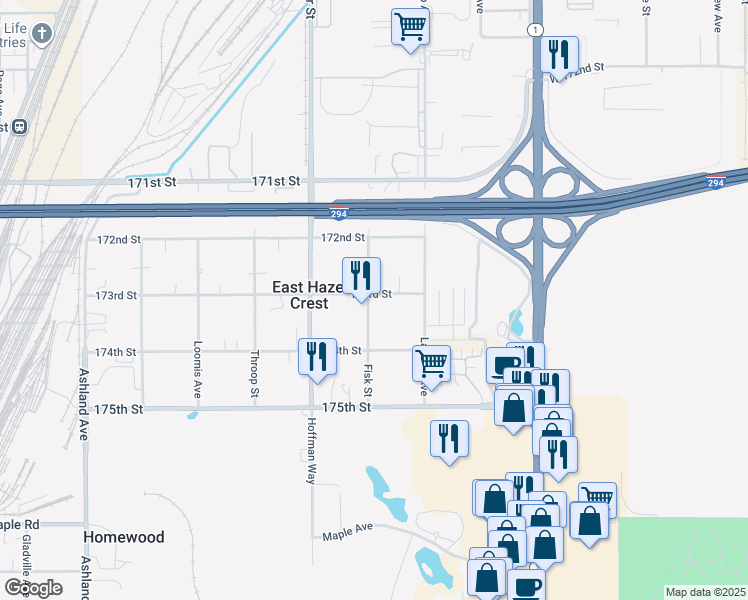 map of restaurants, bars, coffee shops, grocery stores, and more near 17305 Fisk Street in Hazel Crest