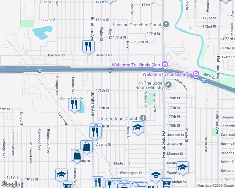map of restaurants, bars, coffee shops, grocery stores, and more near 17603 Community Street in Lansing