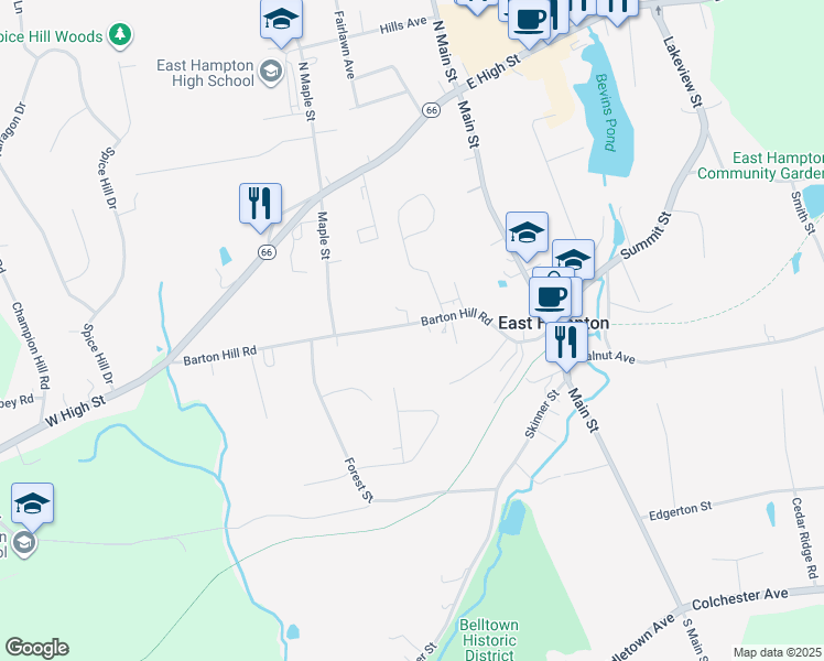 map of restaurants, bars, coffee shops, grocery stores, and more near 35 Barton Hill Road in East Hampton