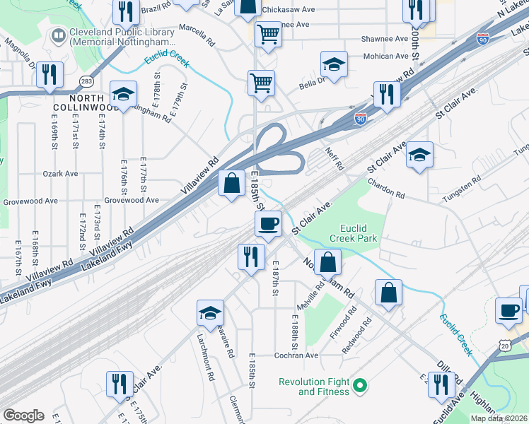 map of restaurants, bars, coffee shops, grocery stores, and more near E 185th St & Nottingham Rd in Cleveland