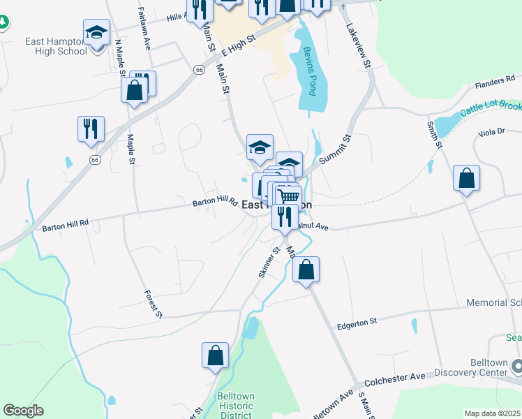 map of restaurants, bars, coffee shops, grocery stores, and more near 14 Barton Hill Road in East Hampton