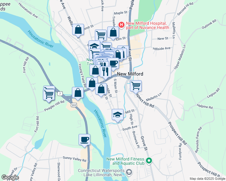 map of restaurants, bars, coffee shops, grocery stores, and more near 15 Middle Street in New Milford