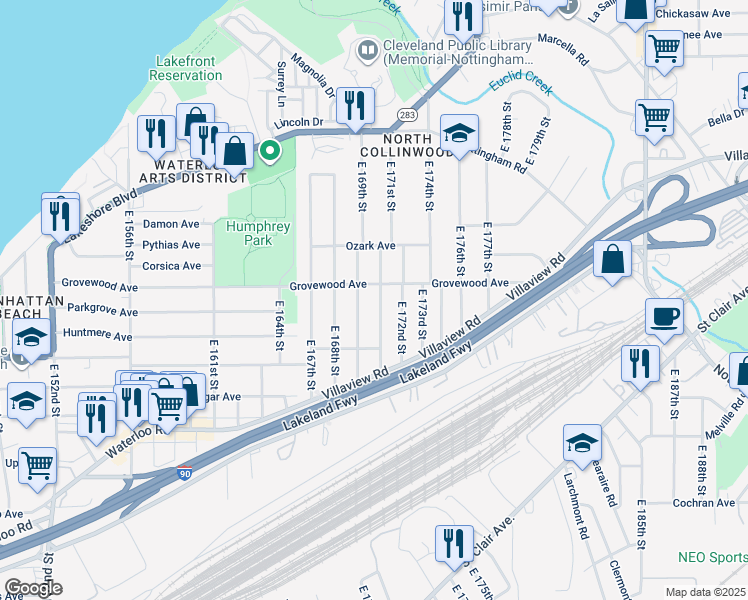 map of restaurants, bars, coffee shops, grocery stores, and more near 17002 Grovewood Avenue in Cleveland