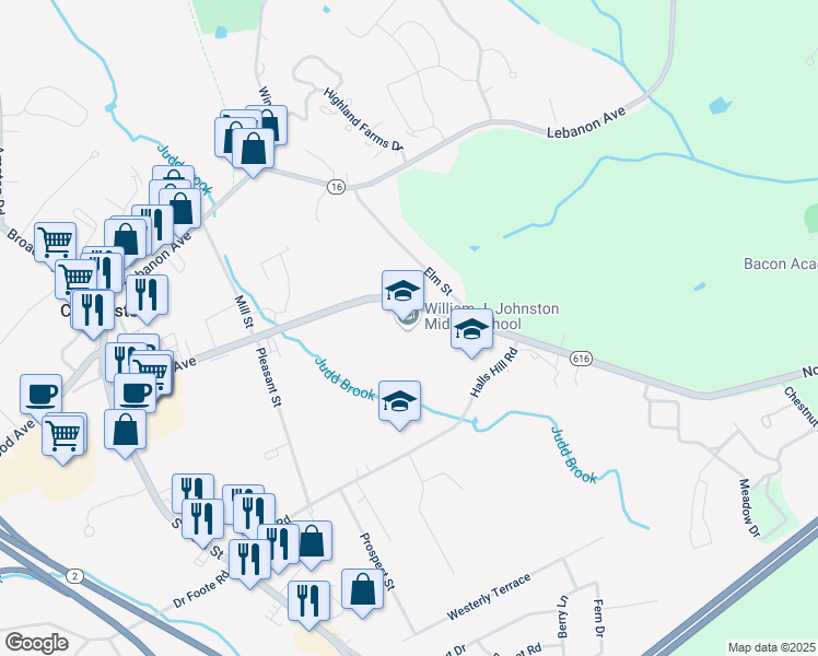 map of restaurants, bars, coffee shops, grocery stores, and more near 360 Norwich Avenue in Colchester