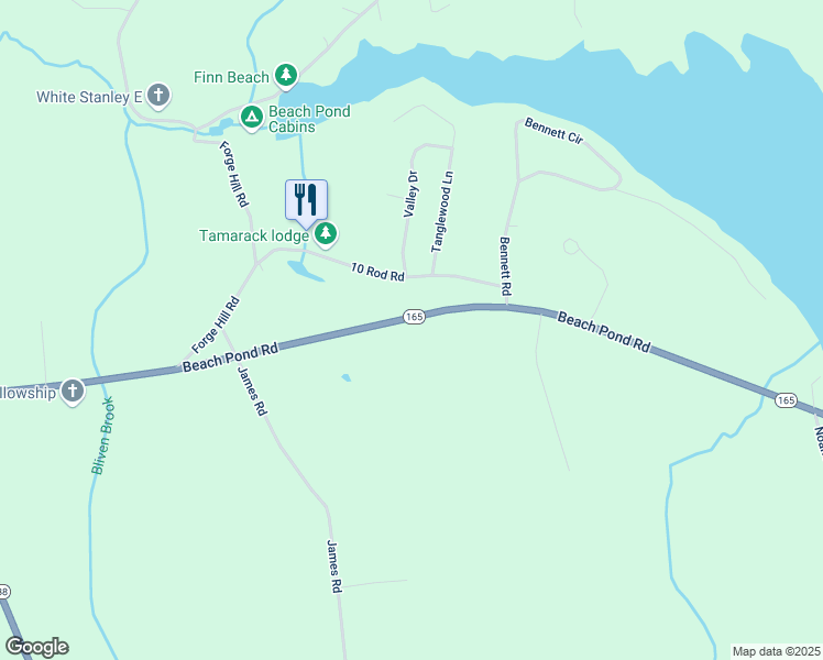 map of restaurants, bars, coffee shops, grocery stores, and more near 654 Beach Pond Road in Voluntown