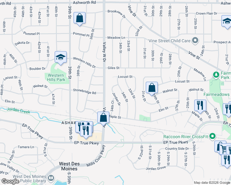map of restaurants, bars, coffee shops, grocery stores, and more near 401 Jordan Drive in West Des Moines