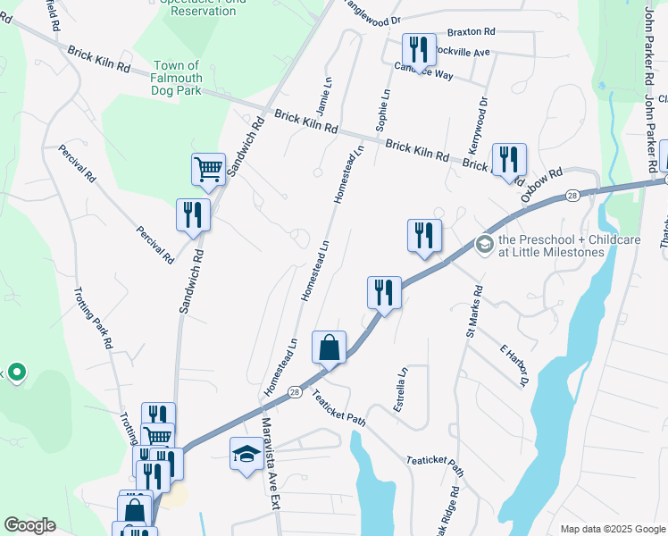 map of restaurants, bars, coffee shops, grocery stores, and more near 99 Homestead Lane in Falmouth