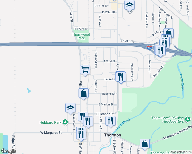 map of restaurants, bars, coffee shops, grocery stores, and more near 102 Laura Lane in Thornton
