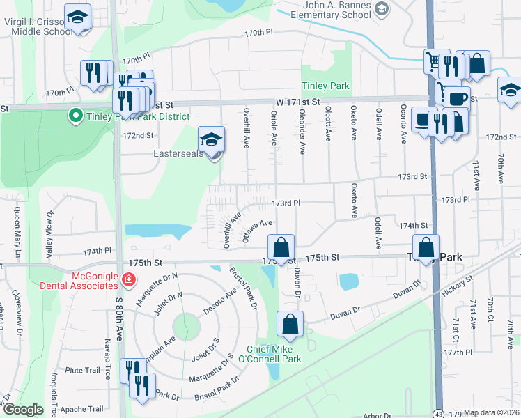 map of restaurants, bars, coffee shops, grocery stores, and more near 7619 173rd Place in Tinley Park
