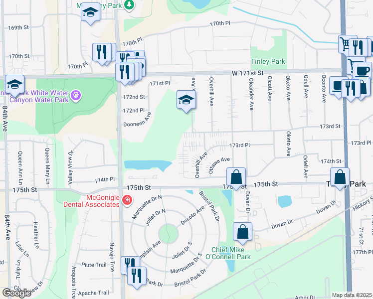 map of restaurants, bars, coffee shops, grocery stores, and more near 17331 Ozark Avenue in Tinley Park