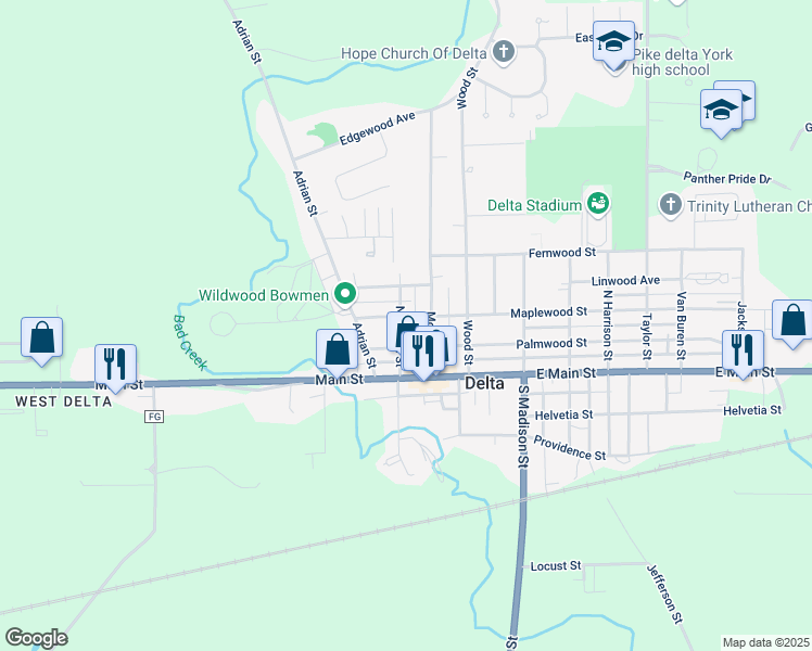 map of restaurants, bars, coffee shops, grocery stores, and more near 200 Maplewood Street in Delta