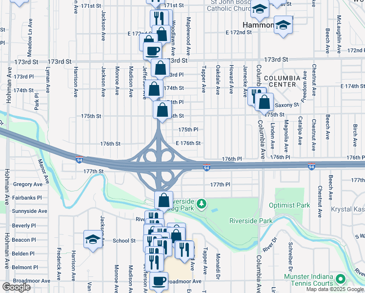 map of restaurants, bars, coffee shops, grocery stores, and more near 900 176th Street in Hammond