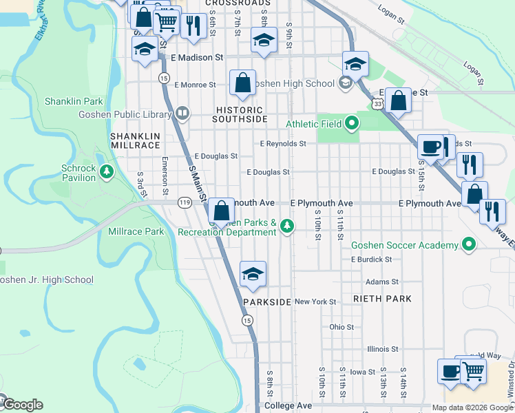 map of restaurants, bars, coffee shops, grocery stores, and more near 414 East Plymouth Avenue in Goshen