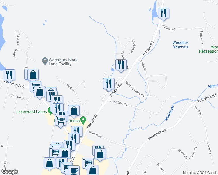 map of restaurants, bars, coffee shops, grocery stores, and more near 15 Venus Road in Wolcott