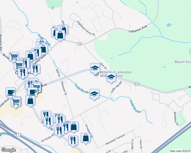 map of restaurants, bars, coffee shops, grocery stores, and more near 360 Norwich Avenue in Colchester