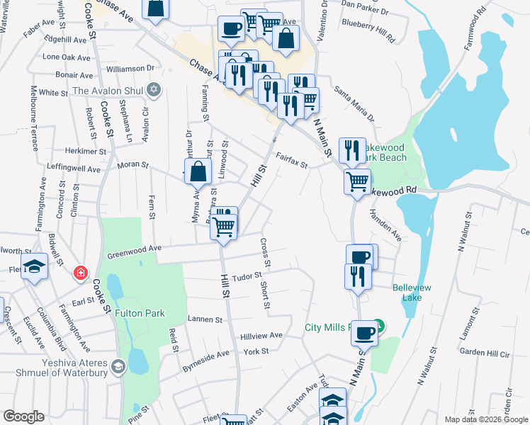 map of restaurants, bars, coffee shops, grocery stores, and more near in Waterbury
