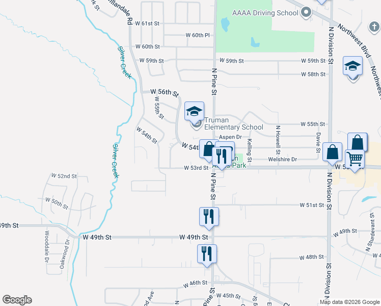 map of restaurants, bars, coffee shops, grocery stores, and more near 2348 West 54th Street in Davenport