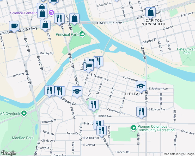 map of restaurants, bars, coffee shops, grocery stores, and more near 1601 Southeast 1st Street in Des Moines