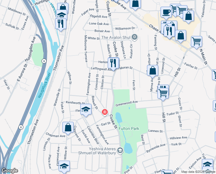 map of restaurants, bars, coffee shops, grocery stores, and more near 29 Gordon Street in Waterbury