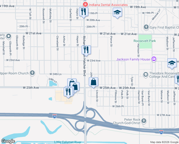 map of restaurants, bars, coffee shops, grocery stores, and more near 2376 Johnson Street in Gary