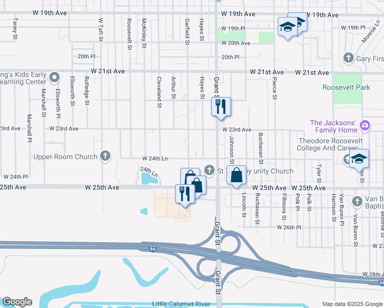 map of restaurants, bars, coffee shops, grocery stores, and more near 2375 Garfield Street in Gary