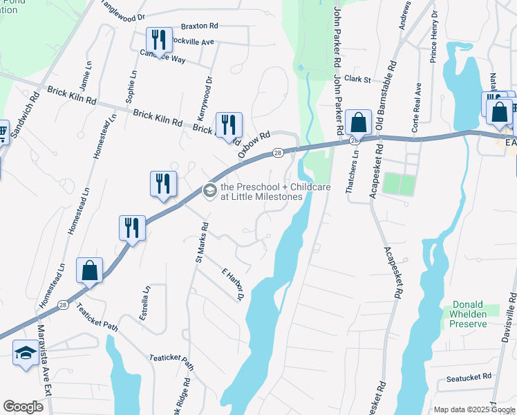 map of restaurants, bars, coffee shops, grocery stores, and more near 99 Falmouthport Drive in Falmouth