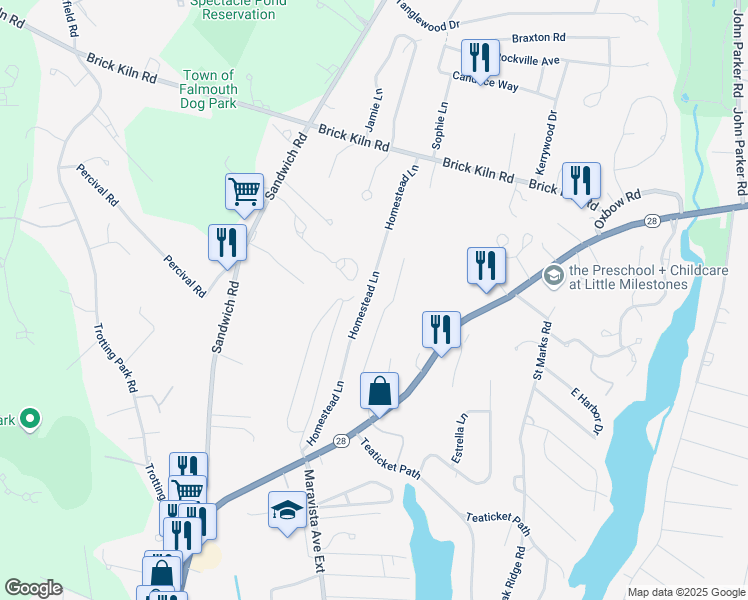 map of restaurants, bars, coffee shops, grocery stores, and more near 99 Homestead Lane in Falmouth