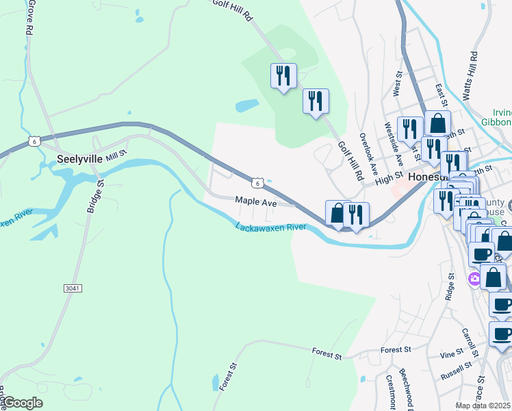map of restaurants, bars, coffee shops, grocery stores, and more near 6 Wood St in Honesdale