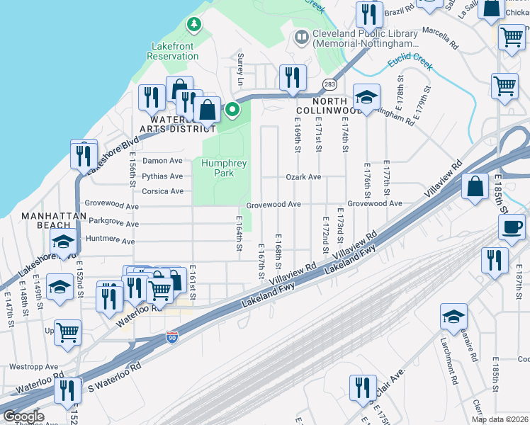 map of restaurants, bars, coffee shops, grocery stores, and more near 1185 East 167th Street in Cleveland