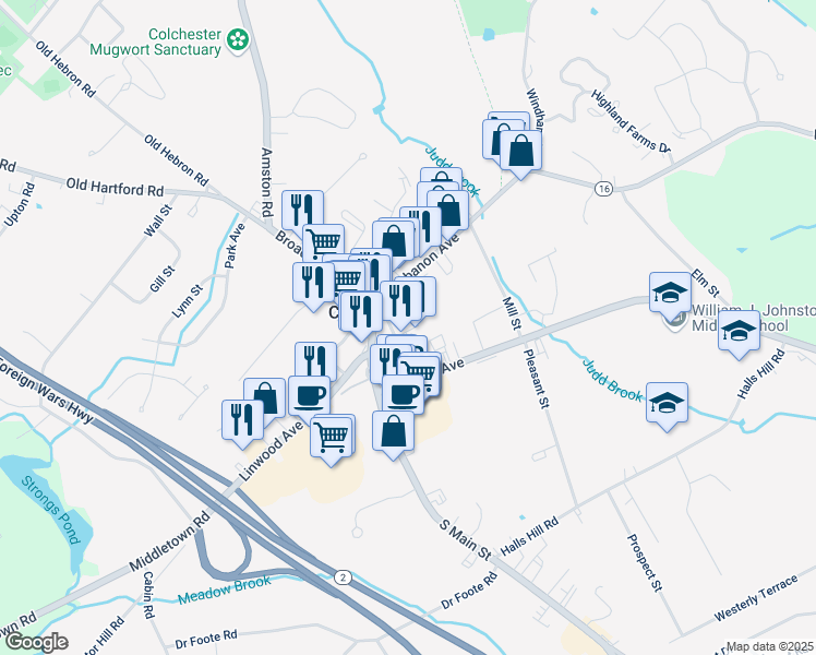 map of restaurants, bars, coffee shops, grocery stores, and more near 35 Hayward Avenue in Colchester