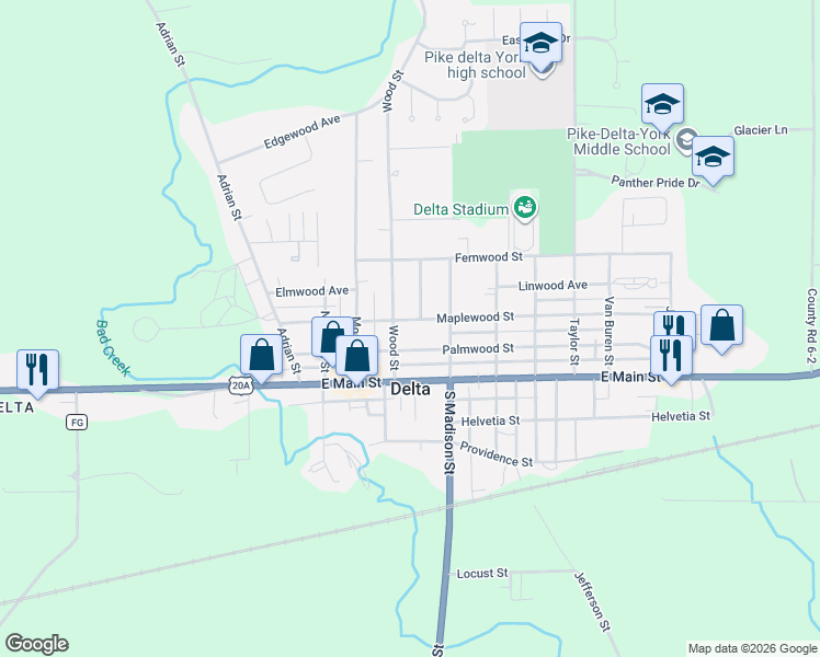 map of restaurants, bars, coffee shops, grocery stores, and more near 410 Maplewood Street in Delta