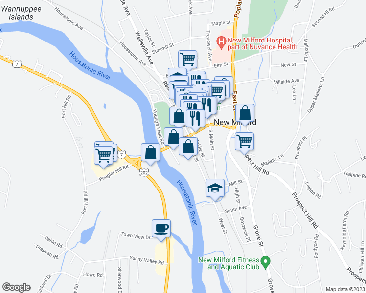 map of restaurants, bars, coffee shops, grocery stores, and more near 18 Nicholas Square in New Milford