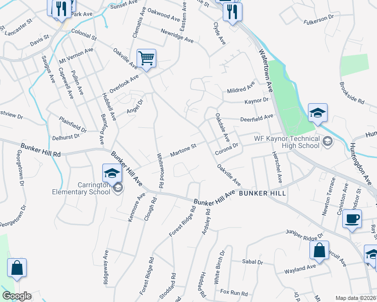 map of restaurants, bars, coffee shops, grocery stores, and more near 47 Martone Street in Waterbury