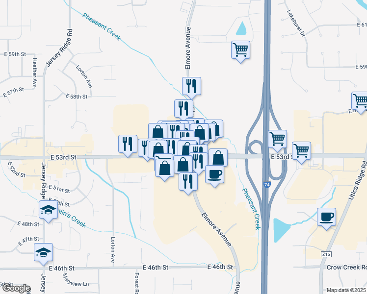 map of restaurants, bars, coffee shops, grocery stores, and more near 3000 East 53rd Street in Davenport
