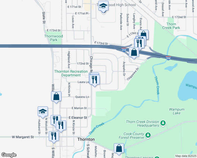 map of restaurants, bars, coffee shops, grocery stores, and more near 144 Indianwood Drive in Thornton