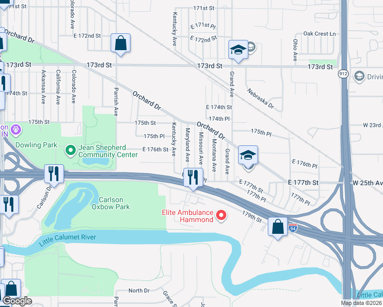 map of restaurants, bars, coffee shops, grocery stores, and more near 7605 Maryland Avenue in Hammond