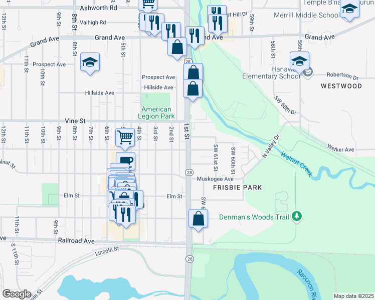 map of restaurants, bars, coffee shops, grocery stores, and more near in West Des Moines