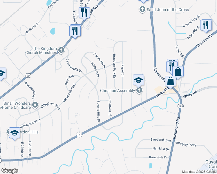 map of restaurants, bars, coffee shops, grocery stores, and more near 25555 Chatworth Drive in Euclid