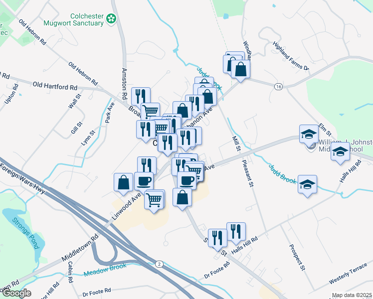 map of restaurants, bars, coffee shops, grocery stores, and more near 35 Hayward Avenue in Colchester