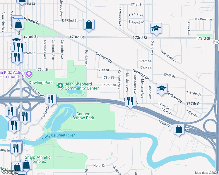 map of restaurants, bars, coffee shops, grocery stores, and more near 3320 176th Street in Hammond