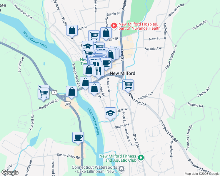 map of restaurants, bars, coffee shops, grocery stores, and more near 13 South Main Street in New Milford