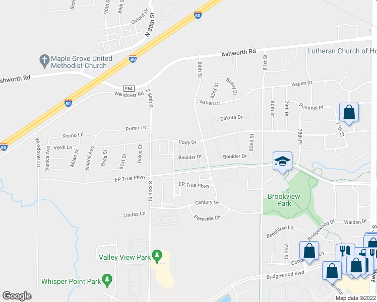 map of restaurants, bars, coffee shops, grocery stores, and more near 8420 Rock Drive in West Des Moines