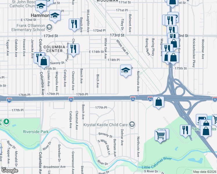 map of restaurants, bars, coffee shops, grocery stores, and more near 7607 White Oak Ave in Hammond