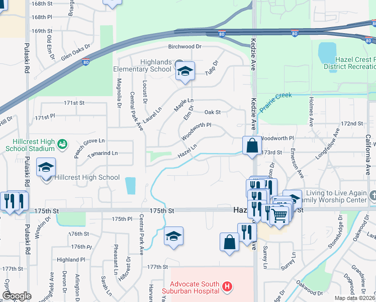 map of restaurants, bars, coffee shops, grocery stores, and more near 17222 Elm Drive in Hazel Crest
